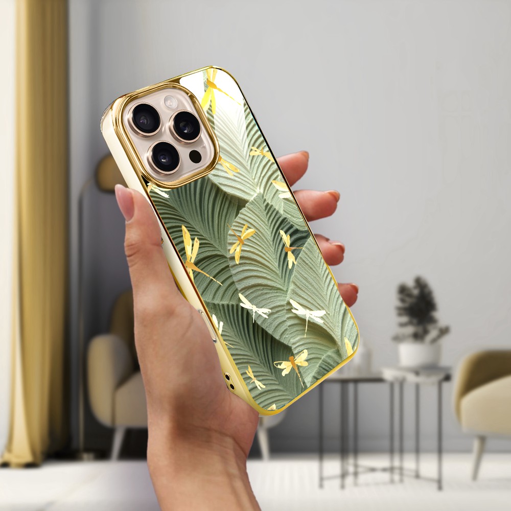 Etui do iPhone 16 Pro Max, Elite Glass z MagSafe, szklany tył, Kwiaty, Taniec ważek, złote