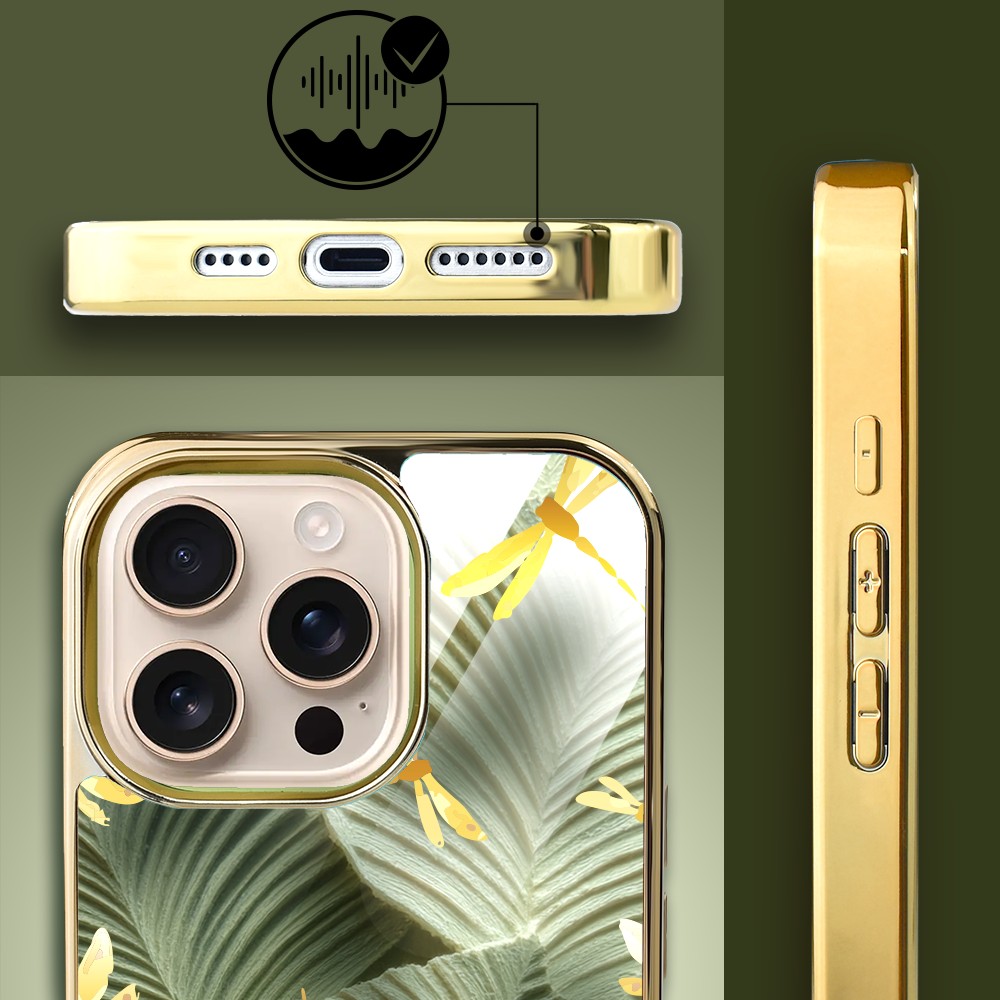 Etui do iPhone 16 Pro Max, Elite Glass z MagSafe, szklany tył, Kwiaty, Taniec ważek, złote
