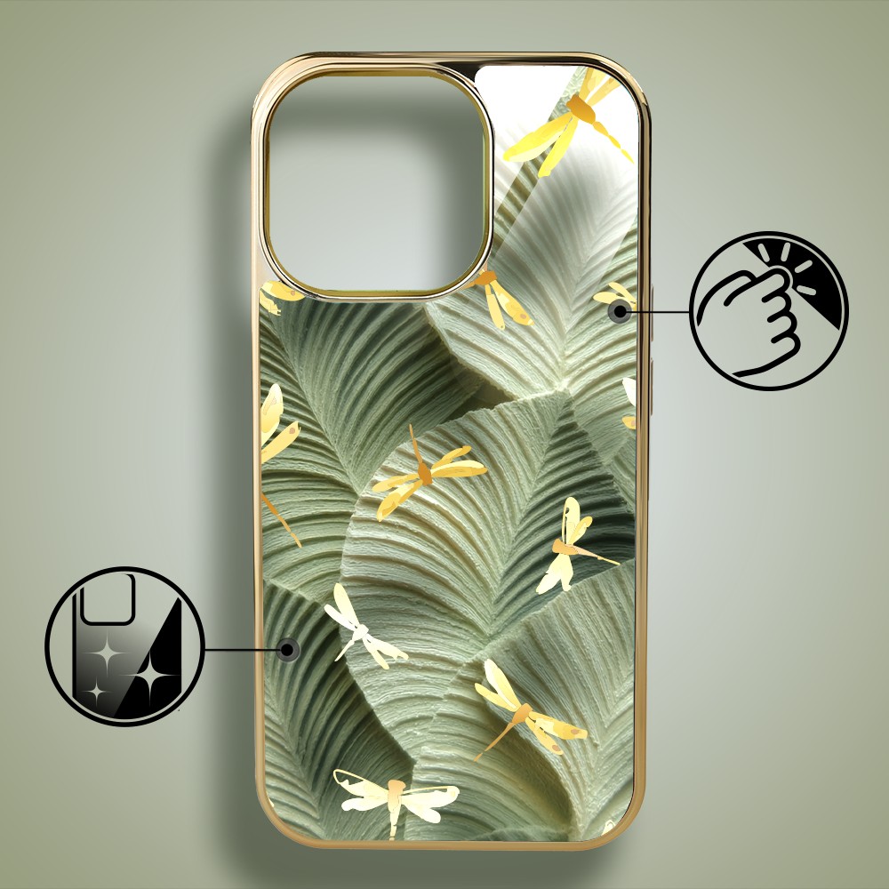 Etui do iPhone 16 Pro Max, Elite Glass z MagSafe, szklany tył, Kwiaty, Taniec ważek, złote