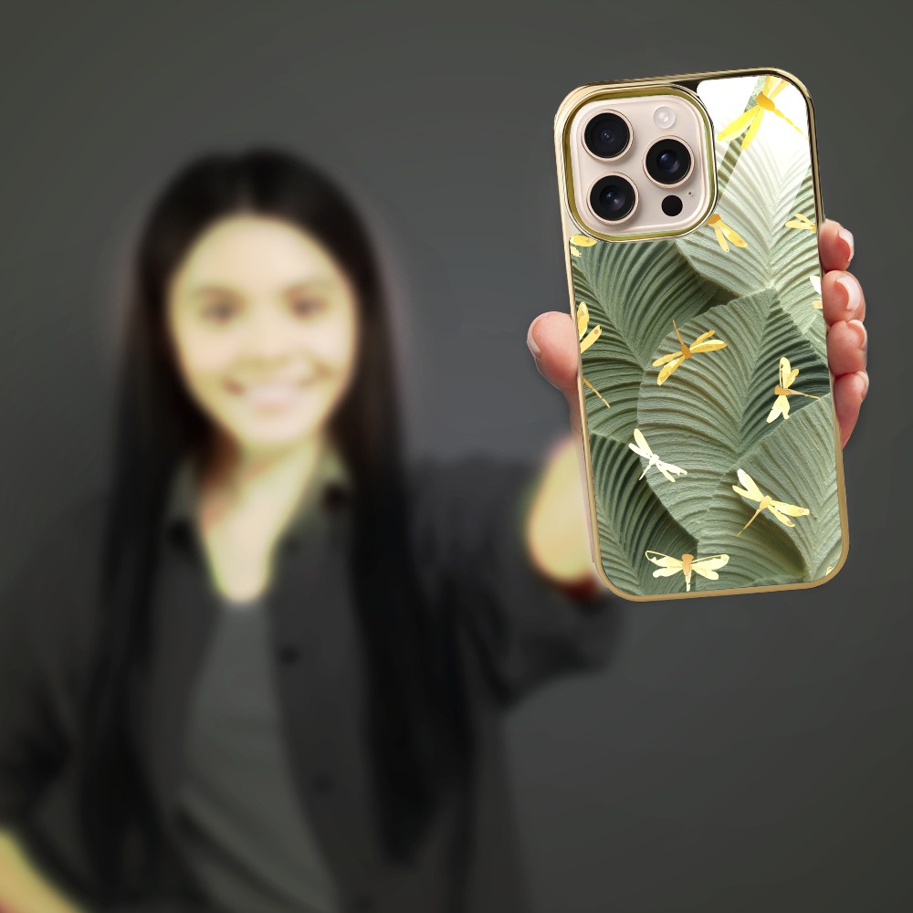 Etui do iPhone 16 Pro Max, Elite Glass z MagSafe, szklany tył, Kwiaty, Taniec ważek, złote