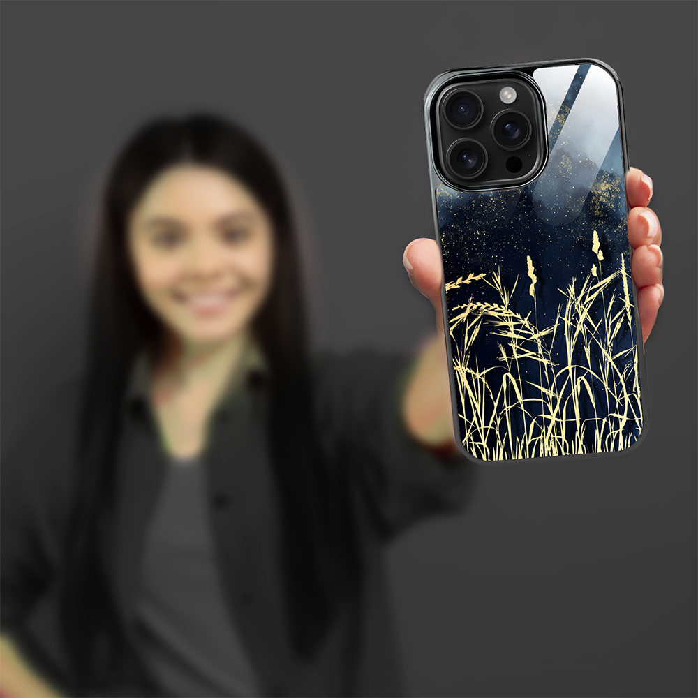 Etui do iPhone 16 Pro Max, Elite Glass z MagSafe, szklany tył, Kwiaty, Złote Trawy o Zmierzchu, czarne