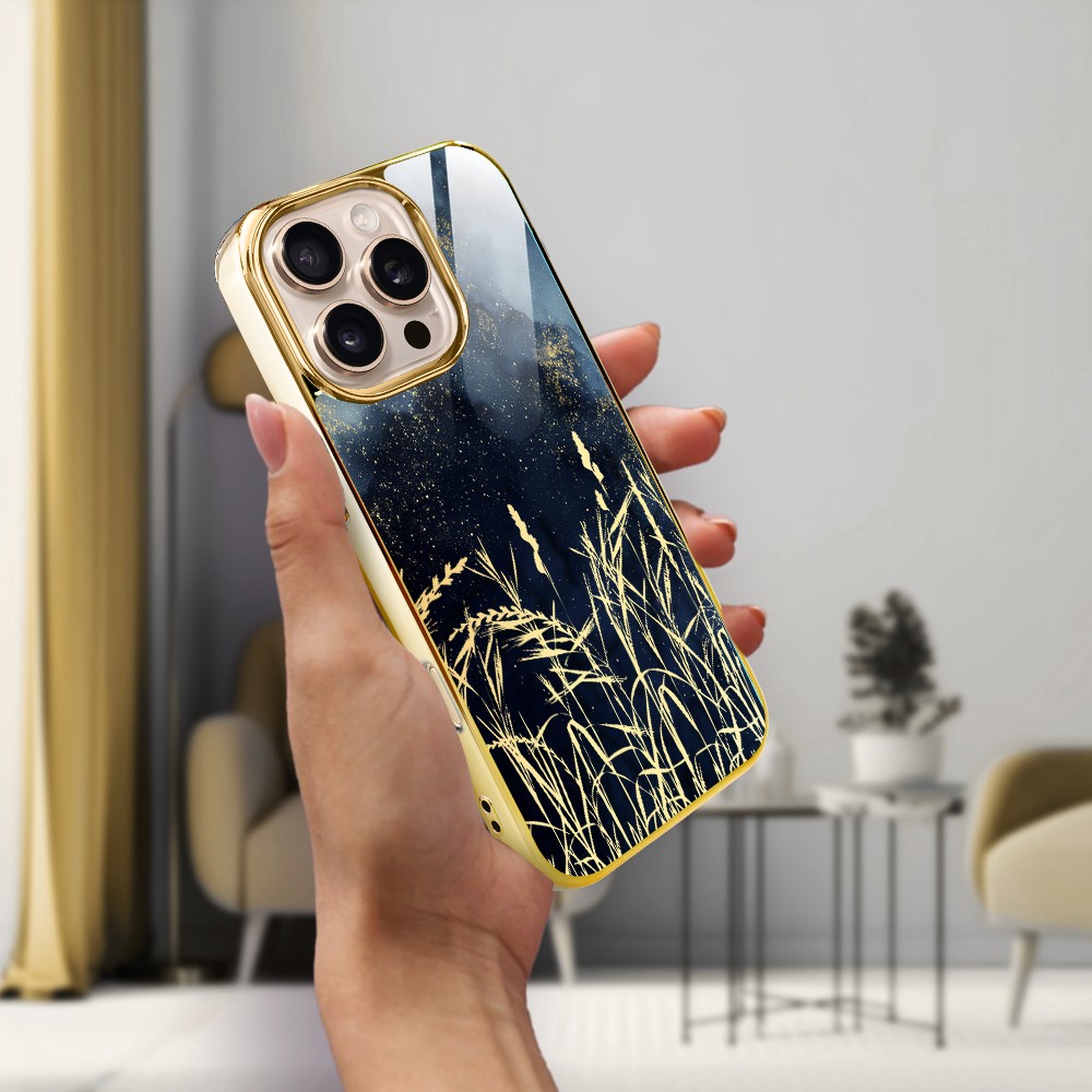 Etui do iPhone 16 Pro Max, Elite Glass z MagSafe, szklany tył, Kwiaty, Złote Trawy o Zmierzchu, złote