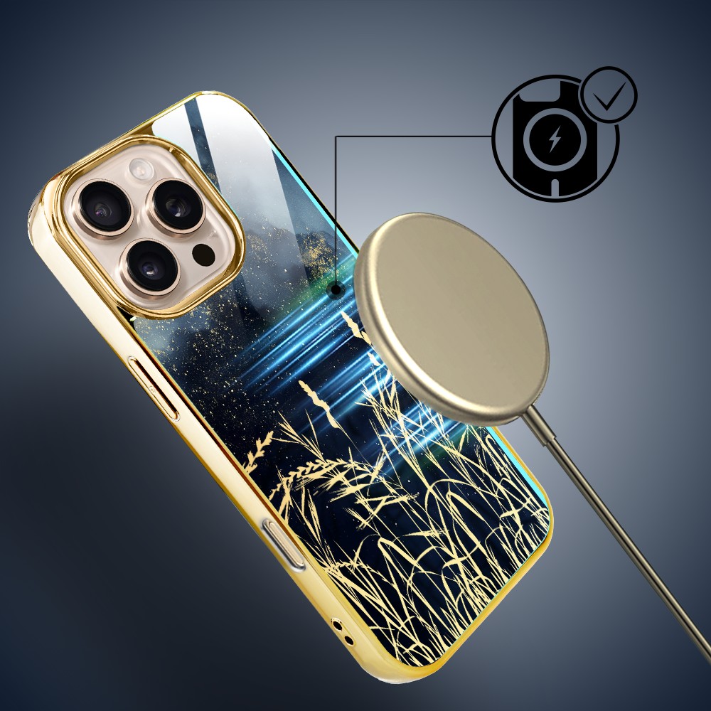 Etui do iPhone 16 Pro Max, Elite Glass z MagSafe, szklany tył, Kwiaty, Złote Trawy o Zmierzchu, złote