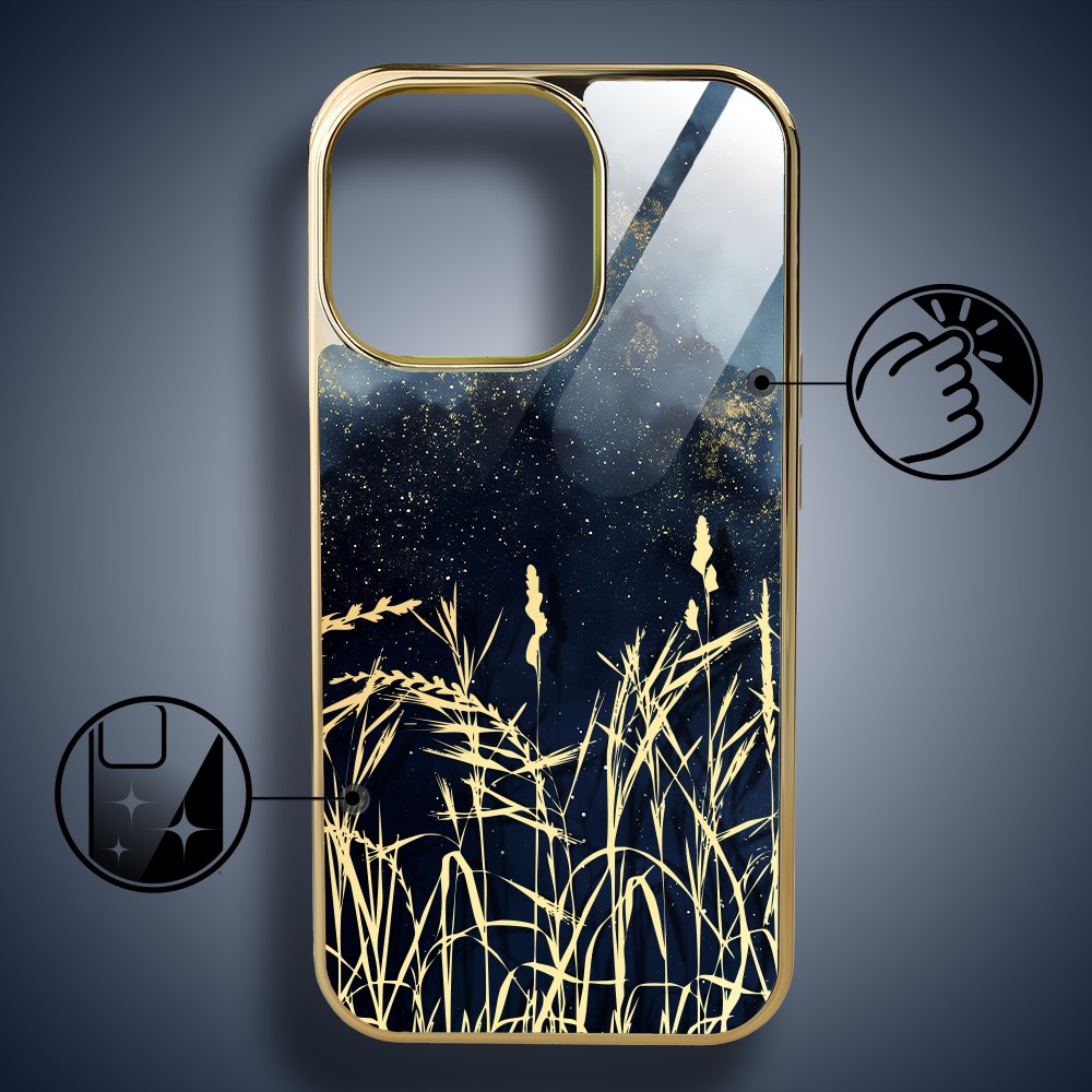 Etui do iPhone 16 Pro Max, Elite Glass z MagSafe, szklany tył, Kwiaty, Złote Trawy o Zmierzchu, złote