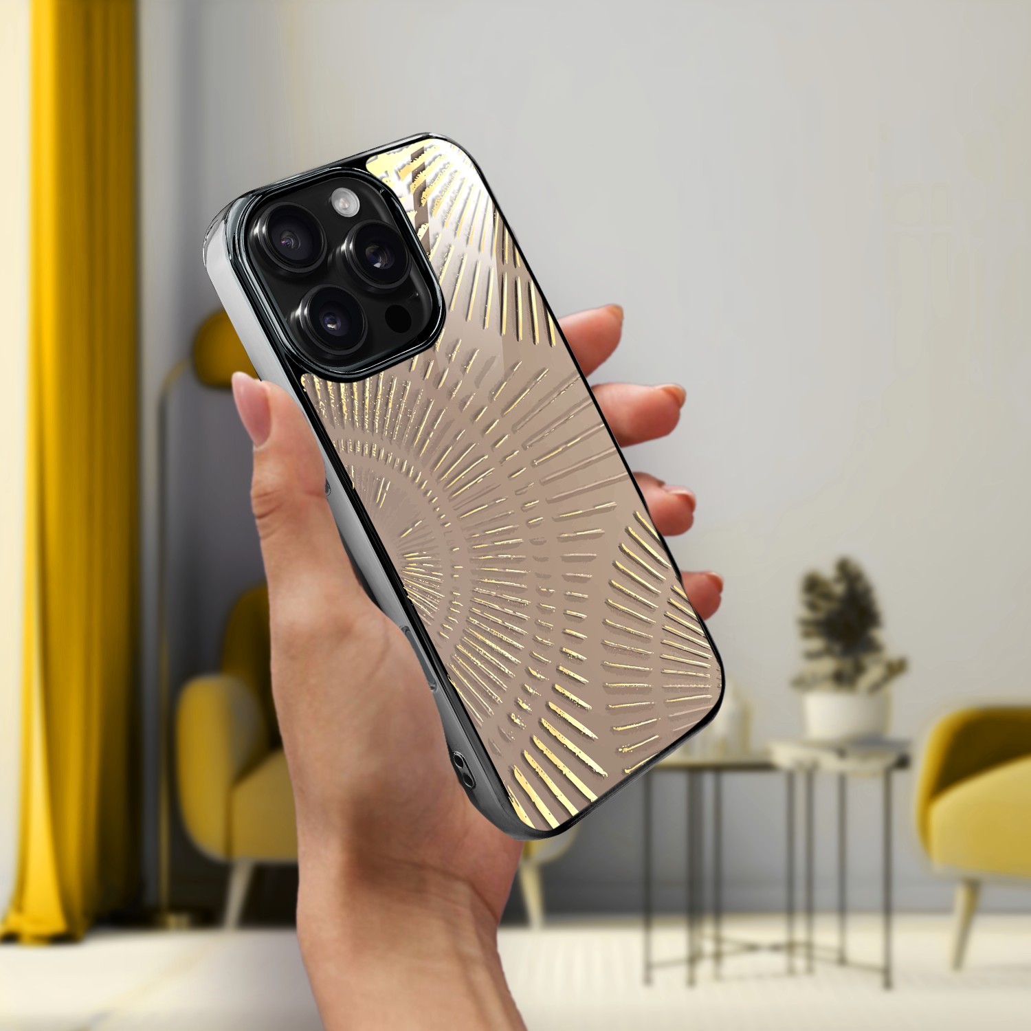 Etui do iPhone 16 Pro, Elite Glass z MagSafe, szklany tył, Mistyczne wzory, Boski promień beżowe, czarne