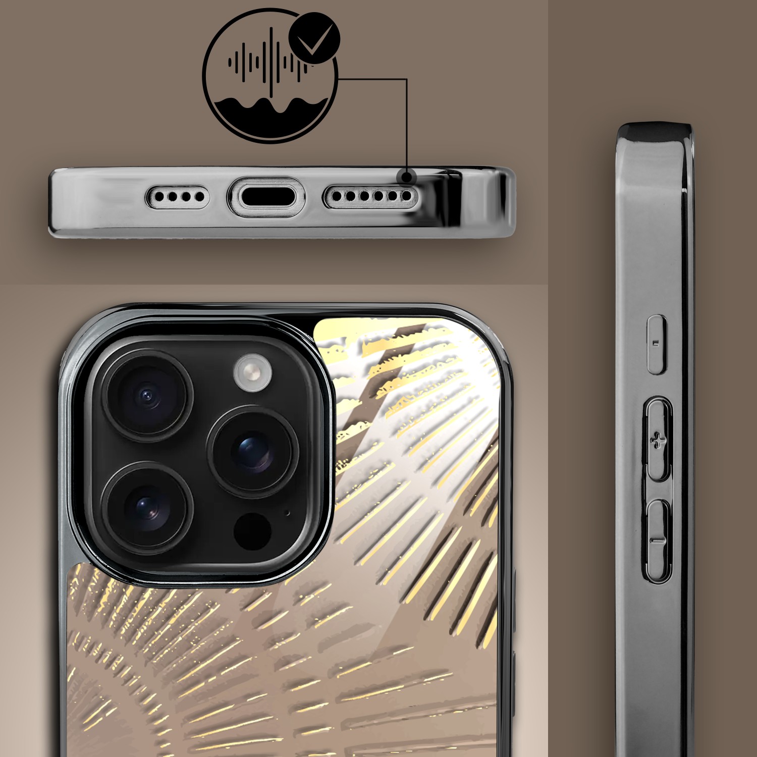 Etui do iPhone 16 Pro, Elite Glass z MagSafe, szklany tył, Mistyczne wzory, Boski promień beżowe, czarne