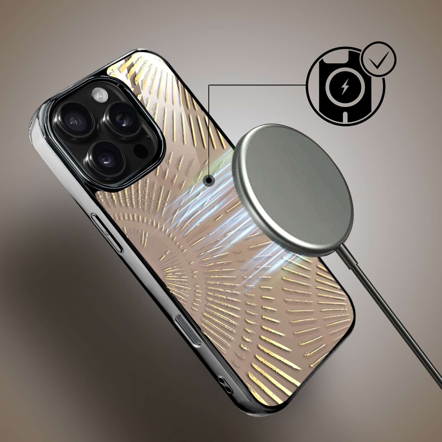 Etui do iPhone 16 Pro, Elite Glass z MagSafe, szklany tył, Mistyczne wzory, Boski promień beżowe, czarne