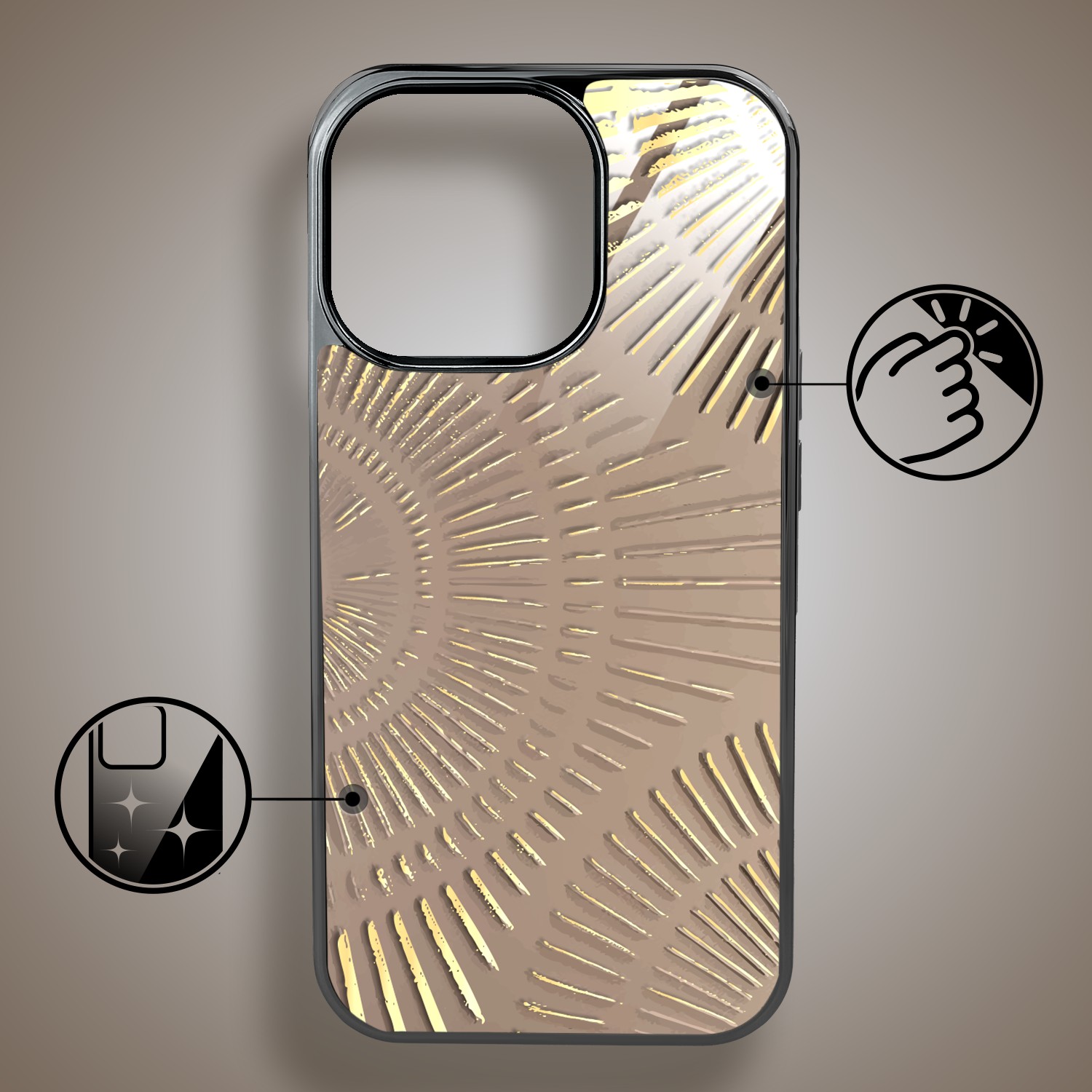 Etui do iPhone 16 Pro, Elite Glass z MagSafe, szklany tył, Mistyczne wzory, Boski promień beżowe, czarne