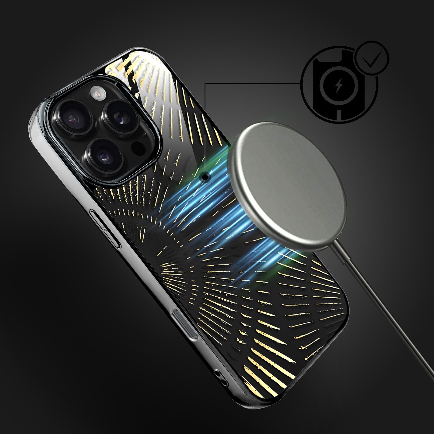 Etui do iPhone 16 Pro, Elite Glass z MagSafe, szklany tył, Mistyczne wzory, Boski promień czarne, czarne