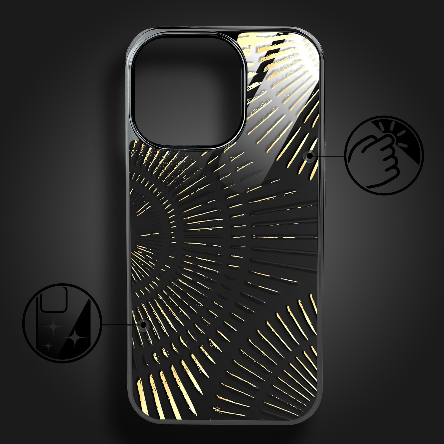 Etui do iPhone 16 Pro, Elite Glass z MagSafe, szklany tył, Mistyczne wzory, Boski promień czarne, czarne