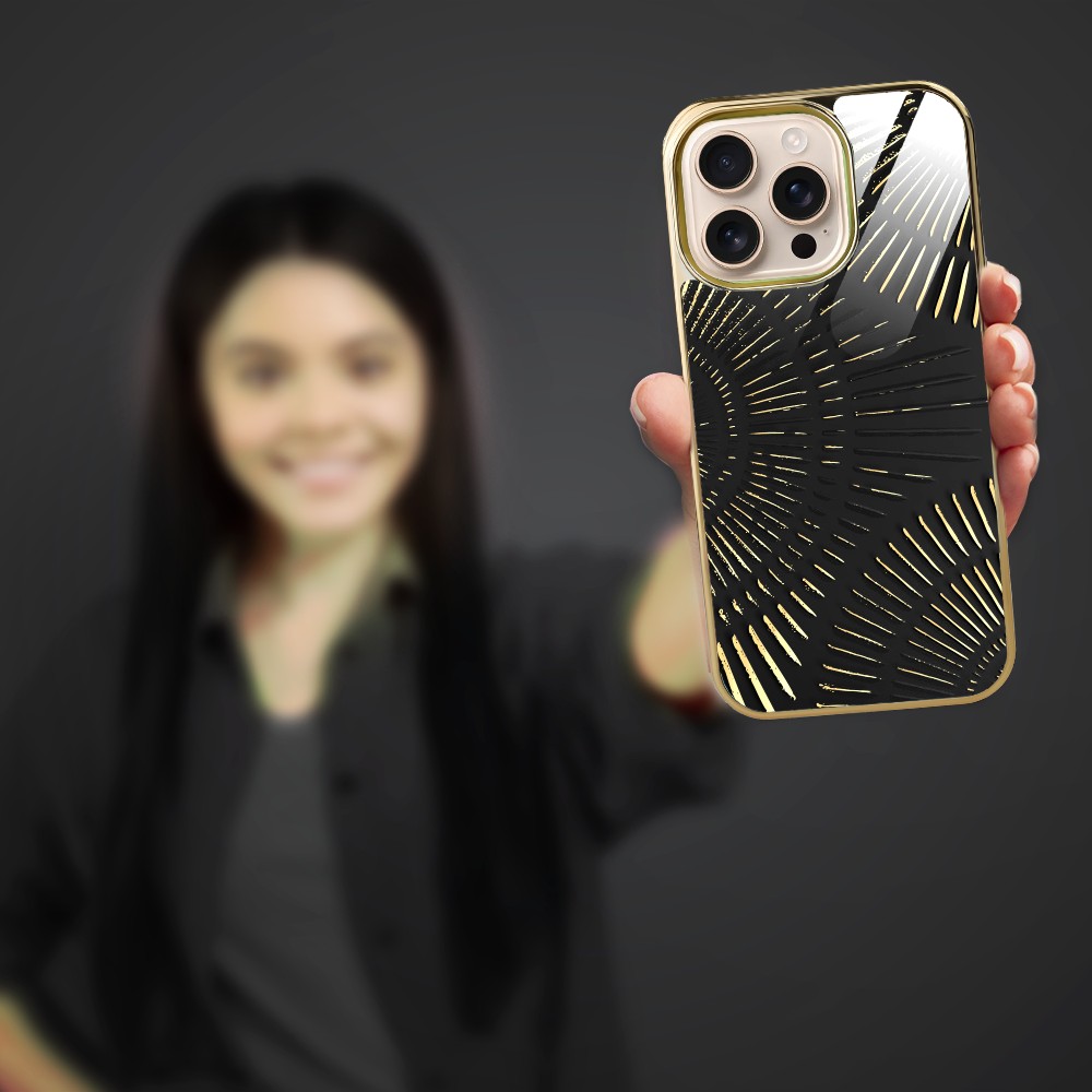Etui do iPhone 16 Pro, Elite Glass z MagSafe, szklany tył, Mistyczne wzory, Boski promień czarne, złote
