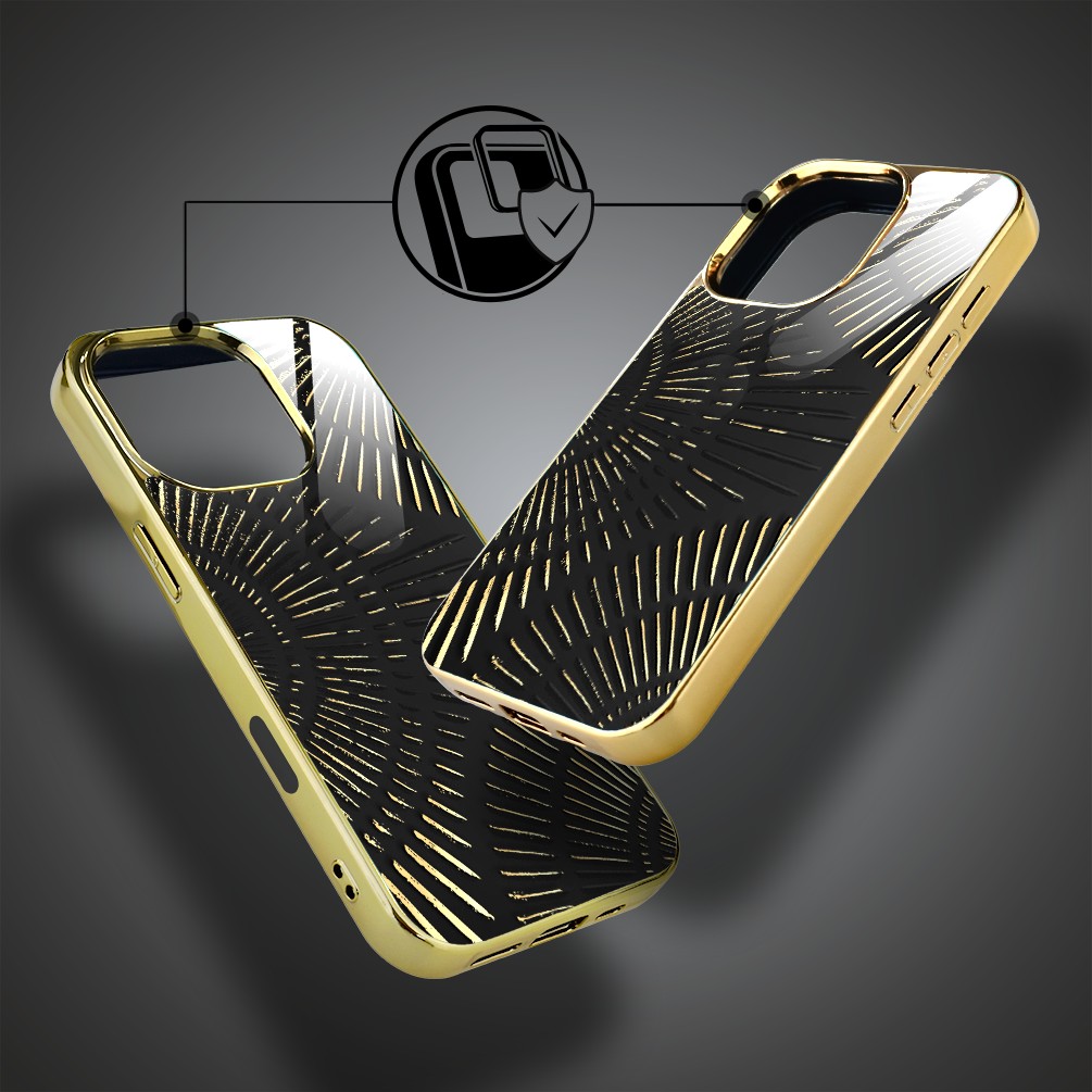 Etui do iPhone 16 Pro, Elite Glass z MagSafe, szklany tył, Mistyczne wzory, Boski promień czarne, złote