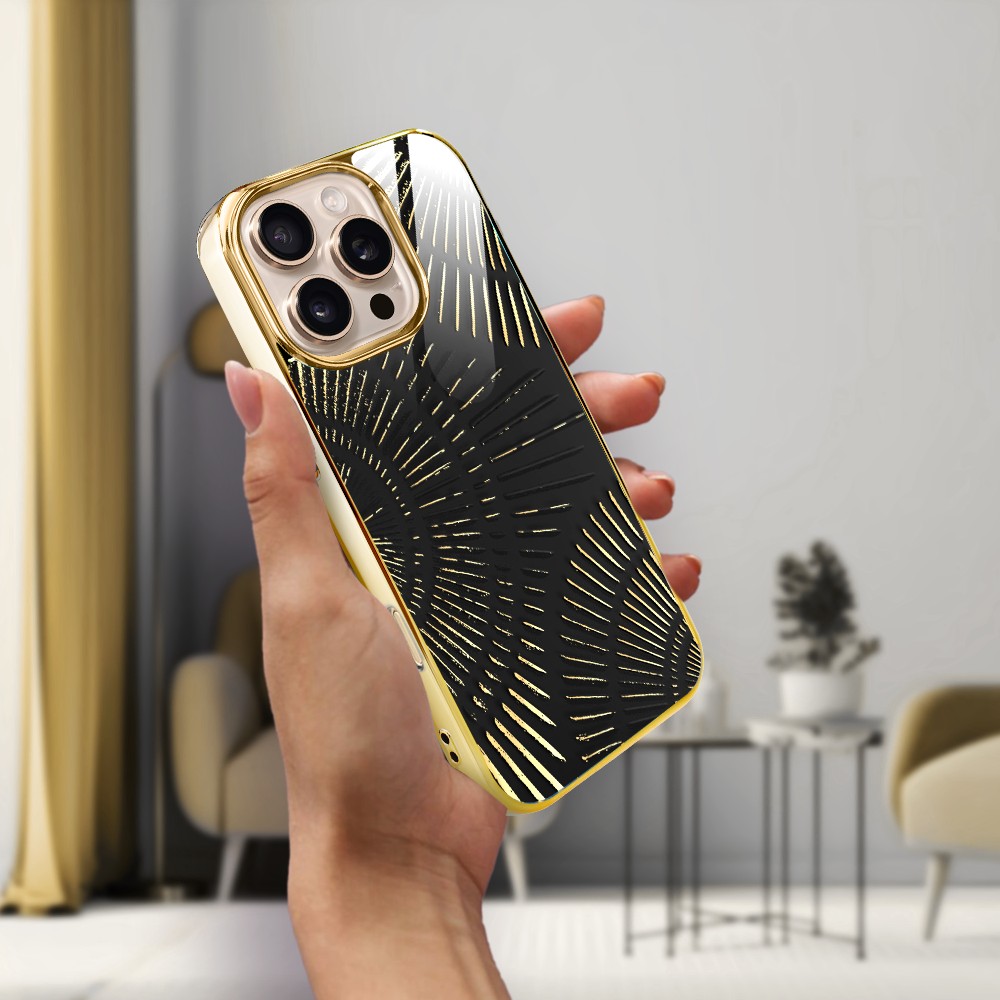 Etui do iPhone 16 Pro, Elite Glass z MagSafe, szklany tył, Mistyczne wzory, Boski promień czarne, złote