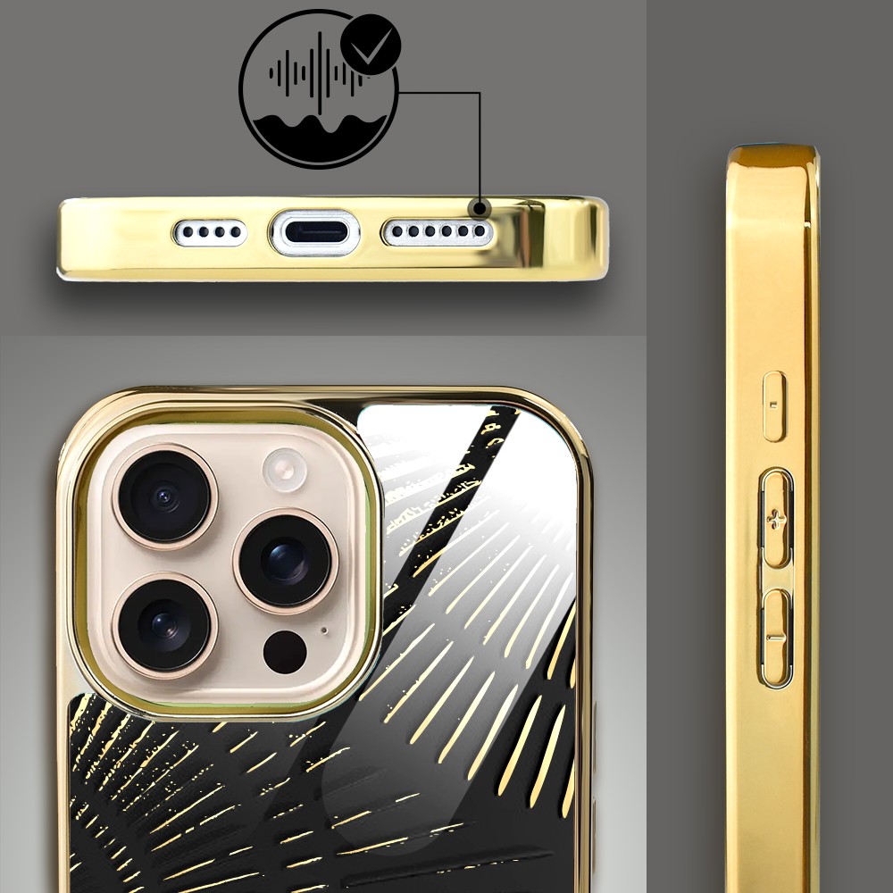 Etui do iPhone 16 Pro, Elite Glass z MagSafe, szklany tył, Mistyczne wzory, Boski promień czarne, złote