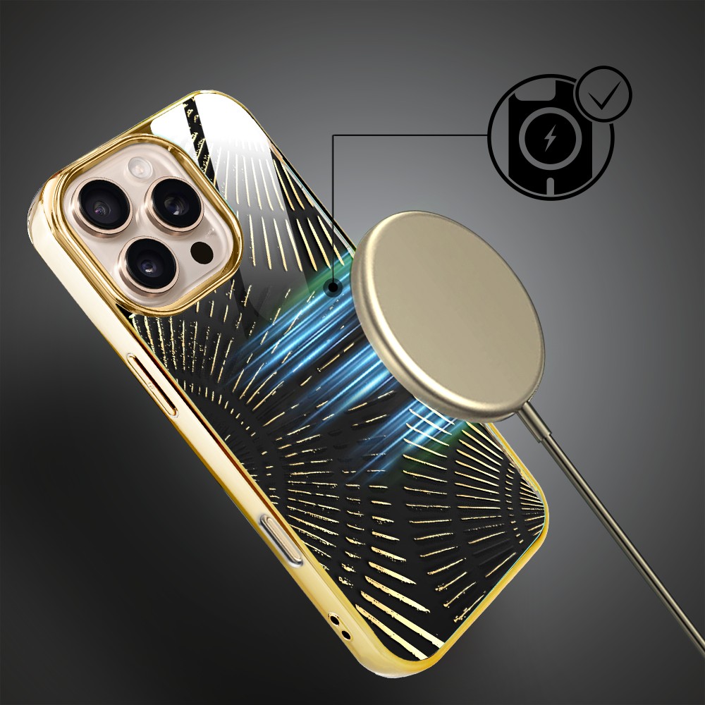 Etui do iPhone 16 Pro, Elite Glass z MagSafe, szklany tył, Mistyczne wzory, Boski promień czarne, złote