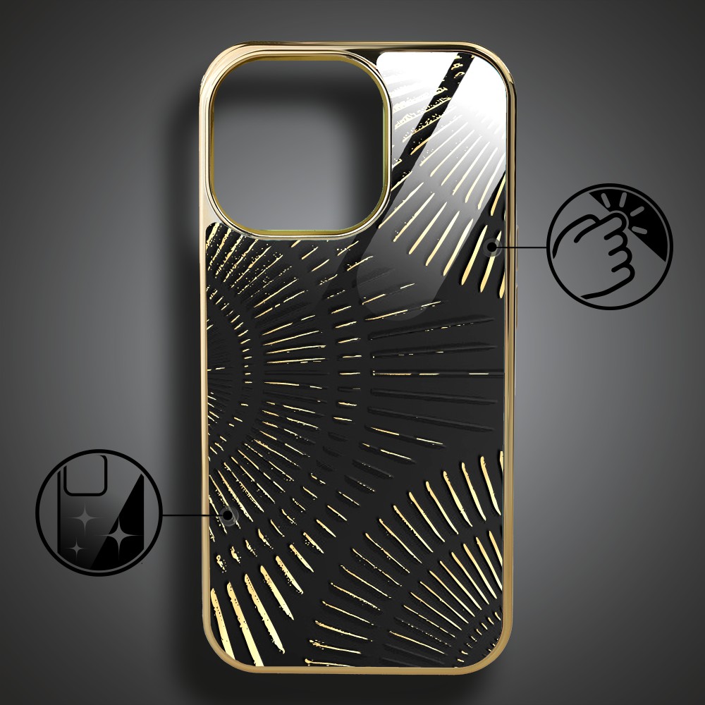Etui do iPhone 16 Pro, Elite Glass z MagSafe, szklany tył, Mistyczne wzory, Boski promień czarne, złote
