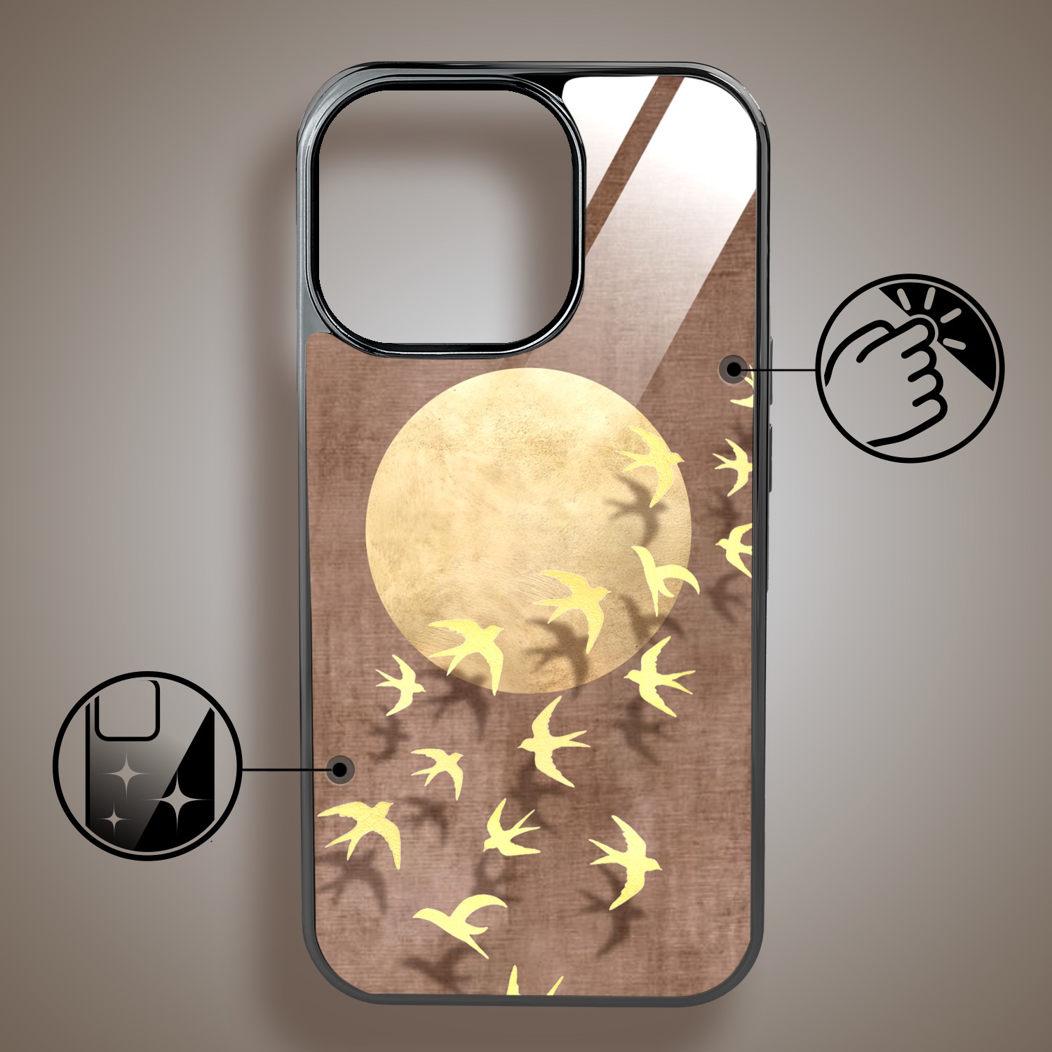 Etui do iPhone 16 Pro Max, Elite Glass z MagSafe, szklany tył, Zwierzęta, Taniec jaskółek, czarne