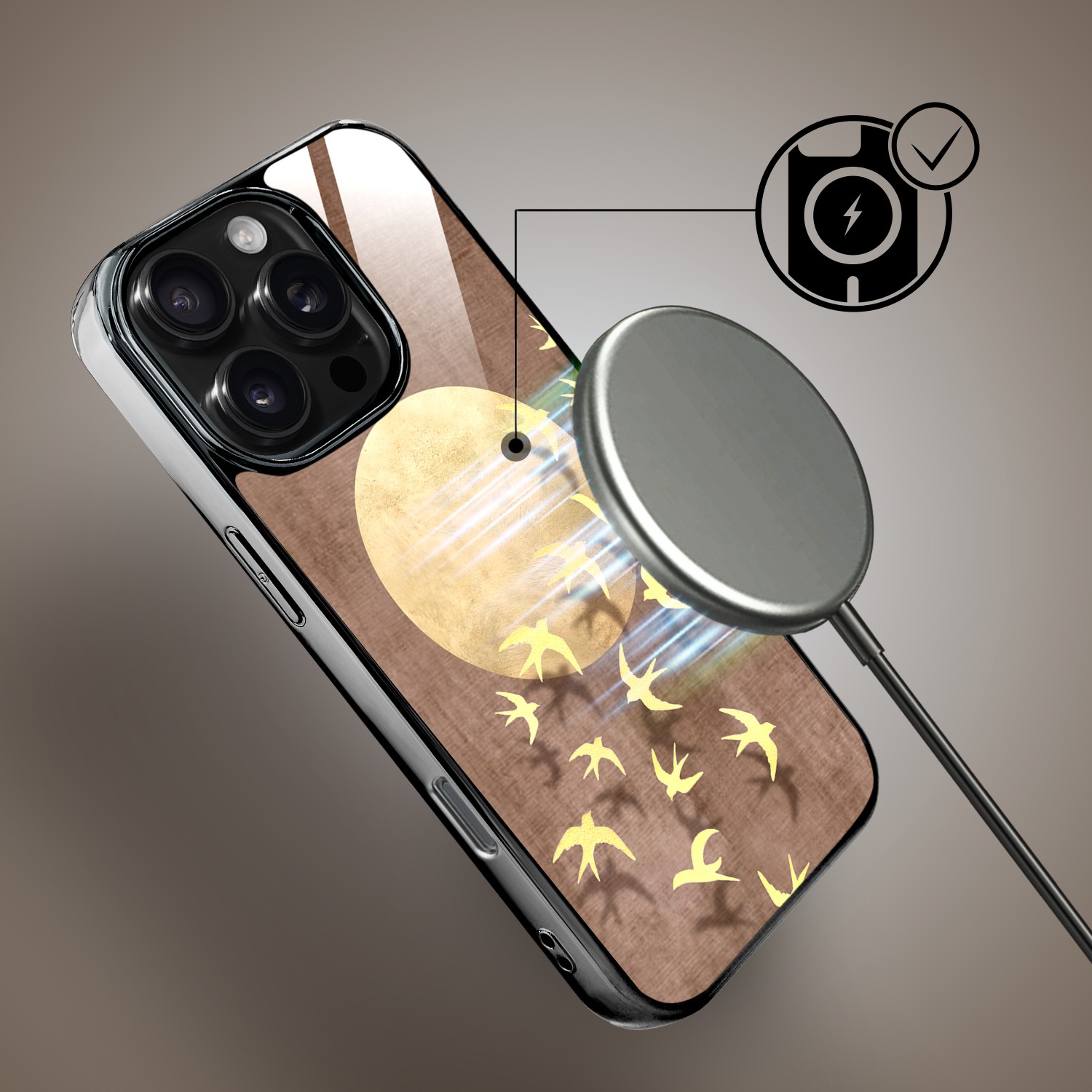 Etui do iPhone 16 Pro Max, Elite Glass z MagSafe, szklany tył, Zwierzęta, Taniec jaskółek, czarne