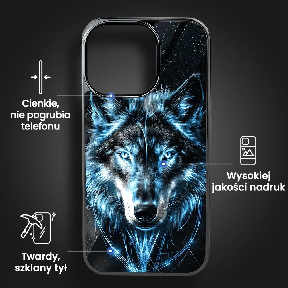 Etui do iPhone 16 Pro, Elite Glass z MagSafe, szklany tył, lodowy wilk, czarny chrom
