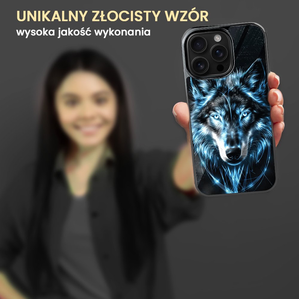 Etui do iPhone 16 Pro, Elite Glass z MagSafe, szklany tył, lodowy wilk, czarny chrom