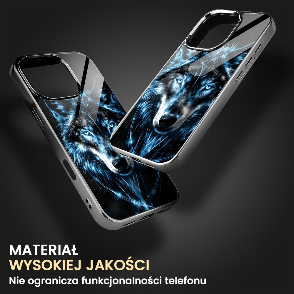 Etui do iPhone 16 Pro, Elite Glass z MagSafe, szklany tył, lodowy wilk, czarny chrom