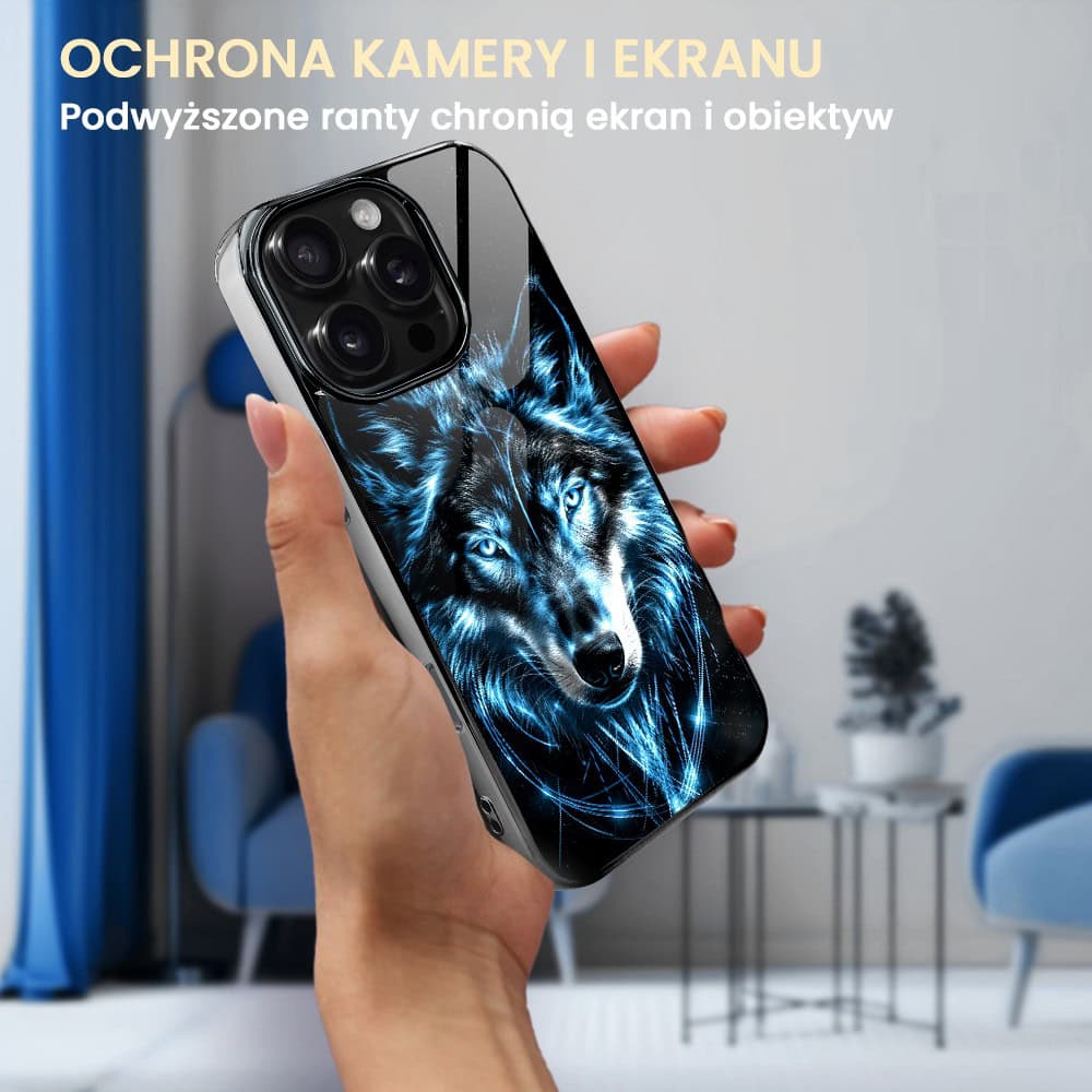 Etui do iPhone 16 Pro, Elite Glass z MagSafe, szklany tył, lodowy wilk, czarny chrom