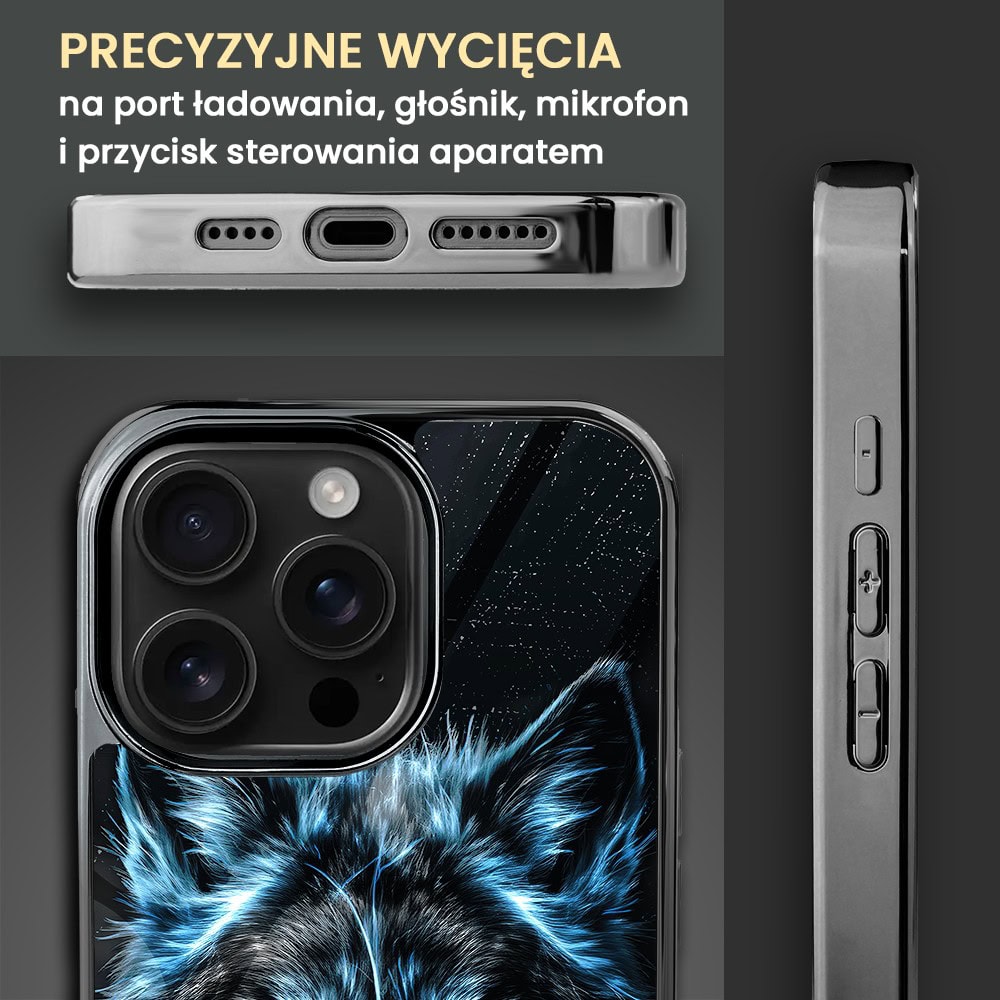Etui do iPhone 16 Pro, Elite Glass z MagSafe, szklany tył, lodowy wilk, czarny chrom