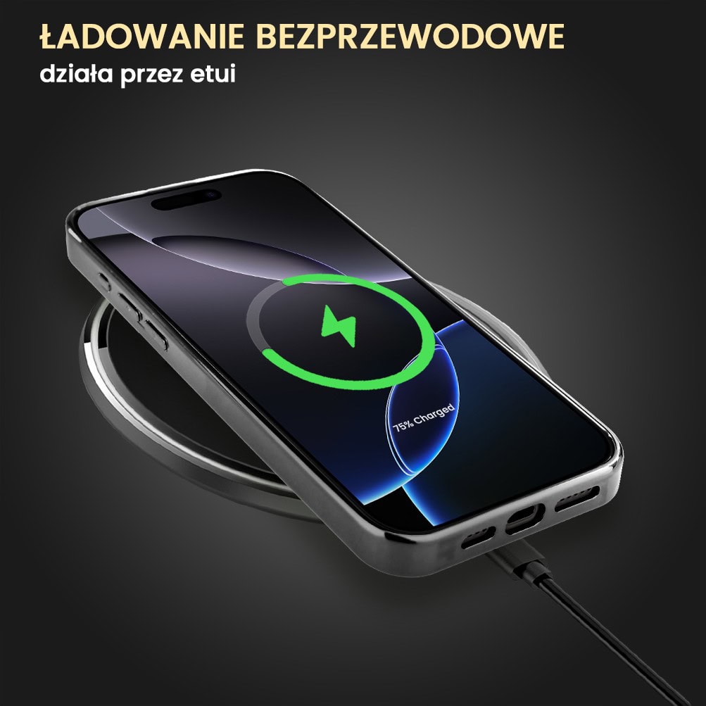 Etui do iPhone 16 Pro, Elite Glass z MagSafe, szklany tył, lodowy wilk, czarny chrom