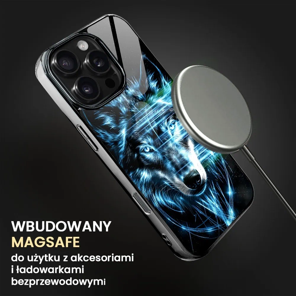 Etui do iPhone 16 Pro, Elite Glass z MagSafe, szklany tył, lodowy wilk, czarny chrom