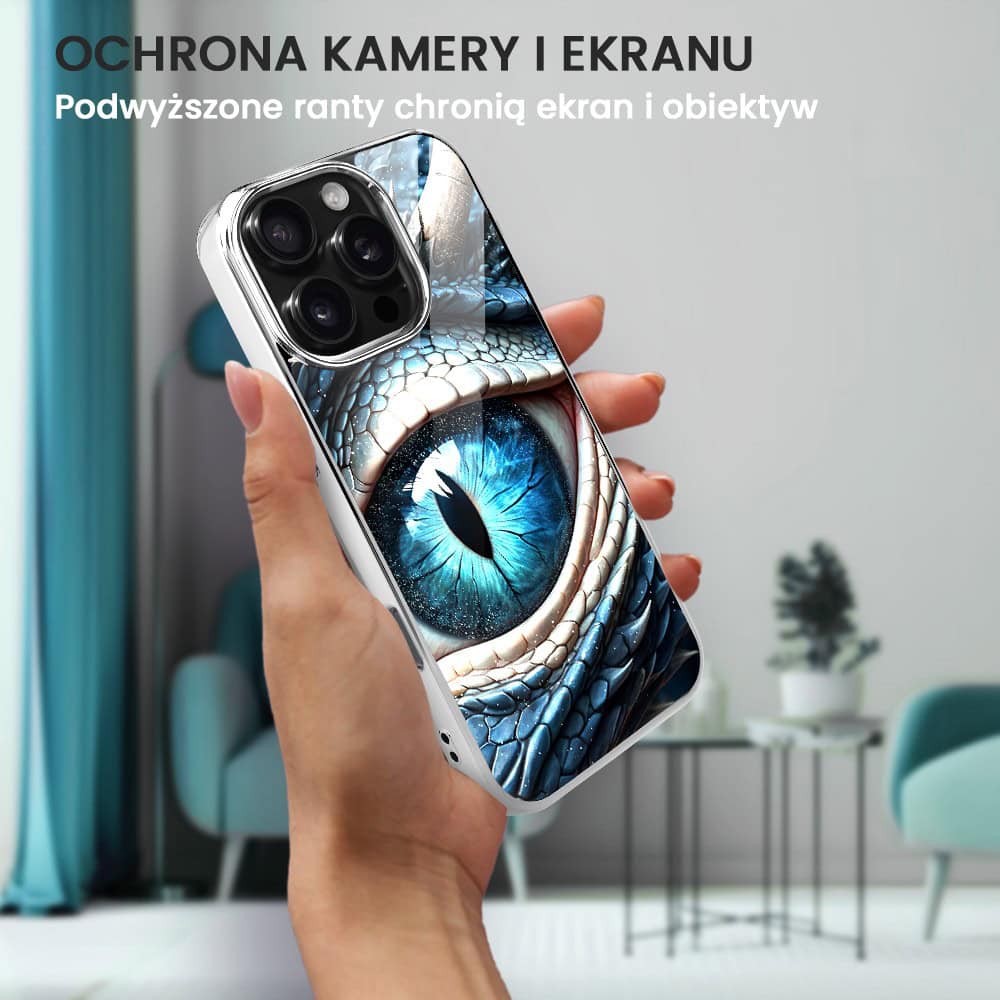 Etui do iPhone 16 Pro, Elite Glass z MagSafe, szklany tył, oko lodowego smoka, srebrne