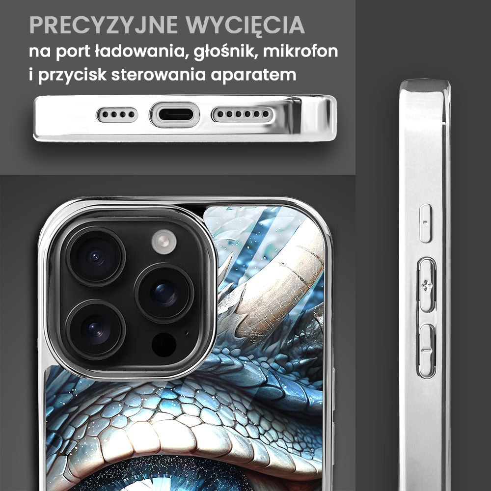 Etui do iPhone 16 Pro, Elite Glass z MagSafe, szklany tył, oko lodowego smoka, srebrne