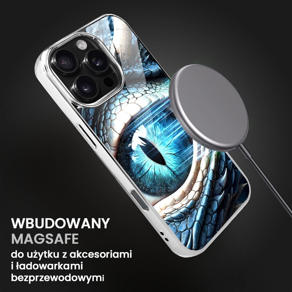 Etui do iPhone 16 Pro, Elite Glass z MagSafe, szklany tył, oko lodowego smoka, srebrne
