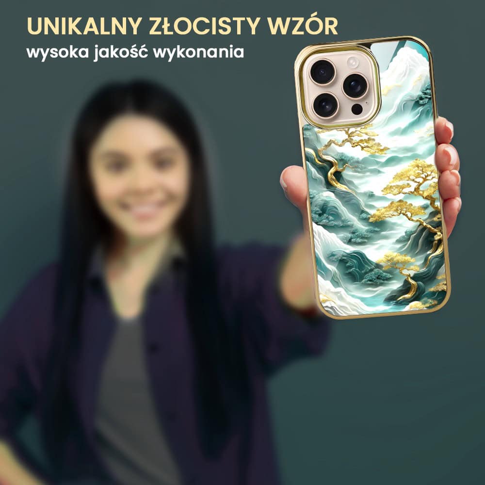 Etui do iPhone 16 Pro Max, Elite Glass z MagSafe, szklany tył, złote drzewa w stylu japońskim, złote