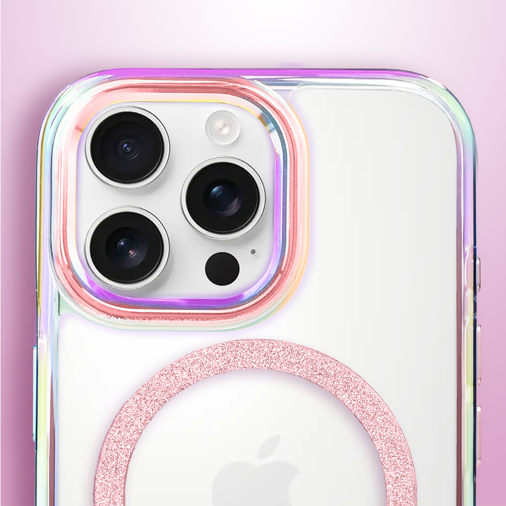 Etui do iPhone 16 Pro Glitter Crown, opalizujące, przeźroczyste z brokatowym MagSafe, różowe