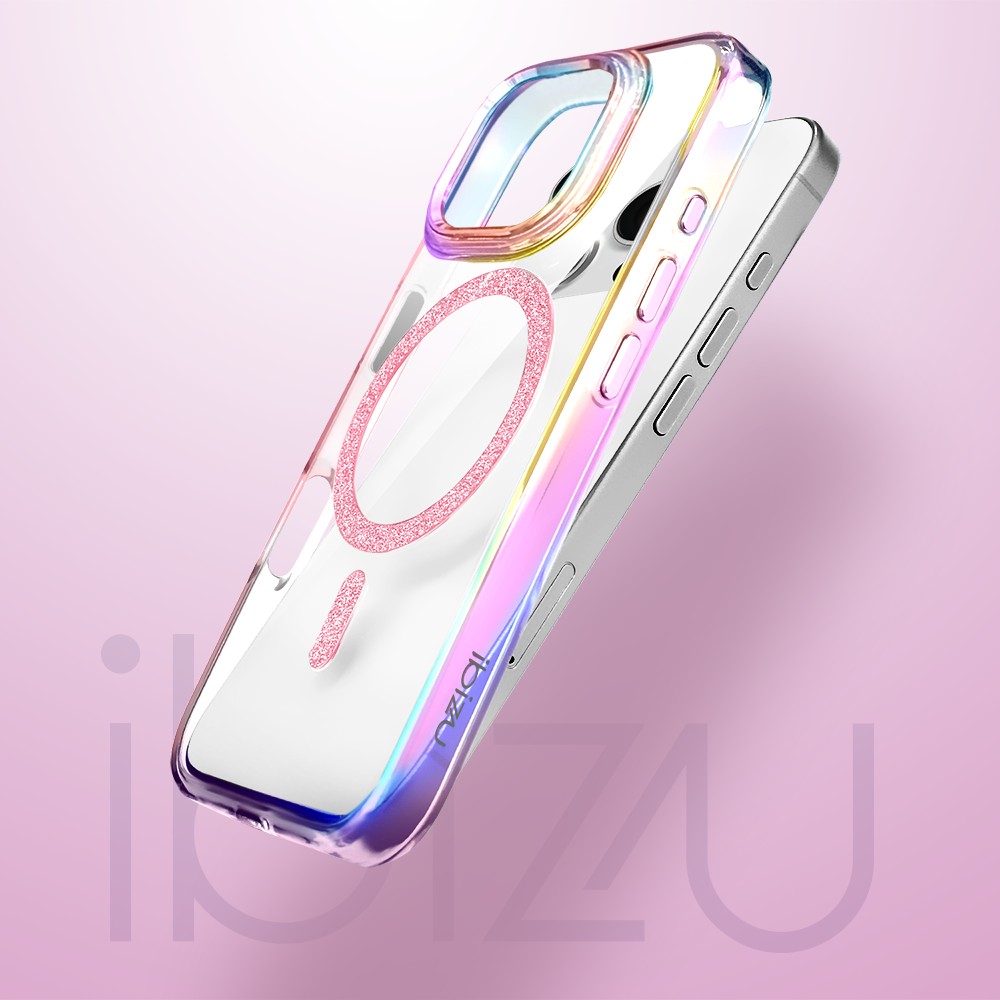 Etui do iPhone 16 Pro Glitter Crown, opalizujące, przeźroczyste z brokatowym MagSafe, różowe