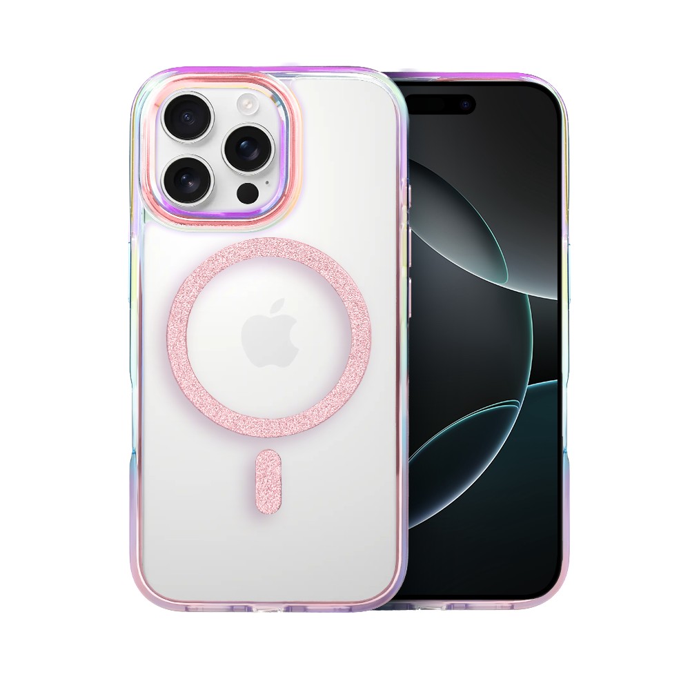 Etui do iPhone 16 Pro Glitter Crown, opalizujące, przeźroczyste z brokatowym MagSafe, różowe