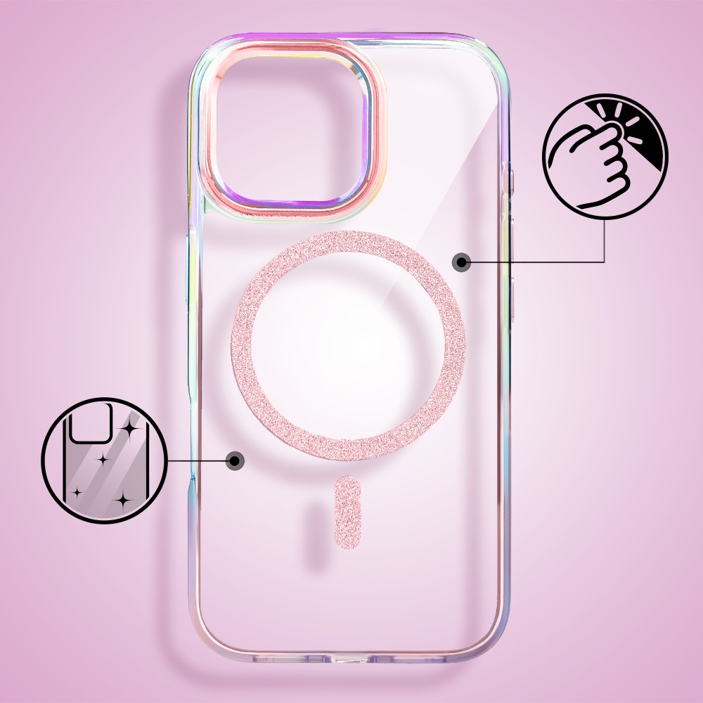 Etui do iPhone 16 Pro Glitter Crown, opalizujące, przeźroczyste z brokatowym MagSafe, różowe