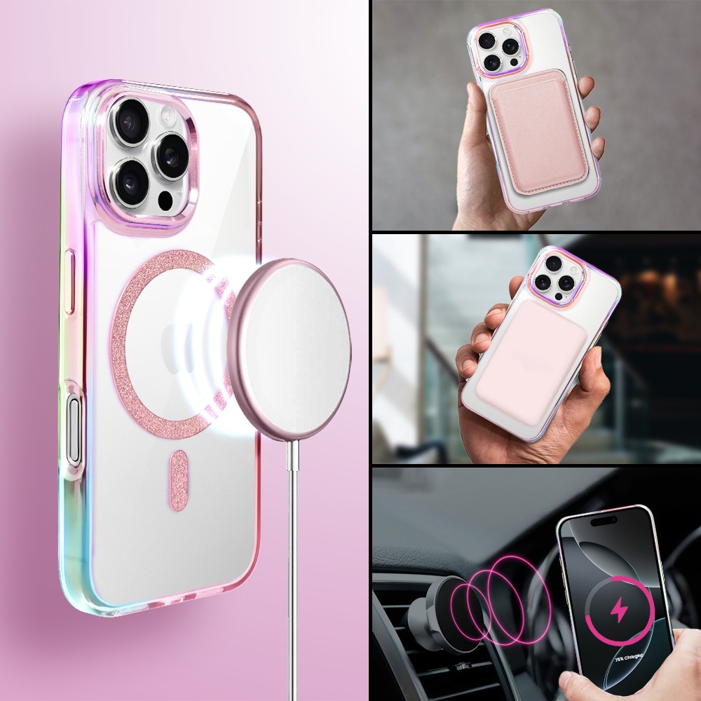 Etui do iPhone 16 Pro Glitter Crown, opalizujące, przeźroczyste z brokatowym MagSafe, różowe