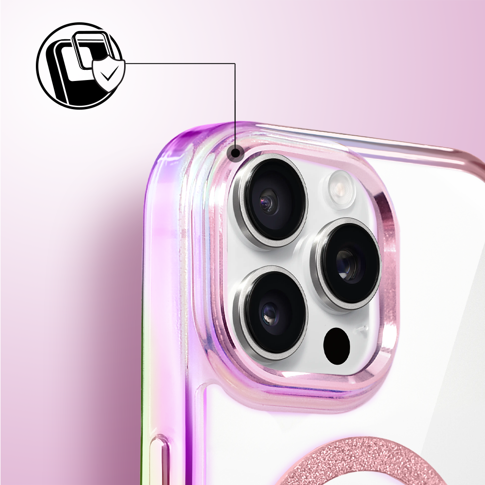 Etui do iPhone 16 Pro Glitter Crown, opalizujące, przeźroczyste z brokatowym MagSafe, różowe