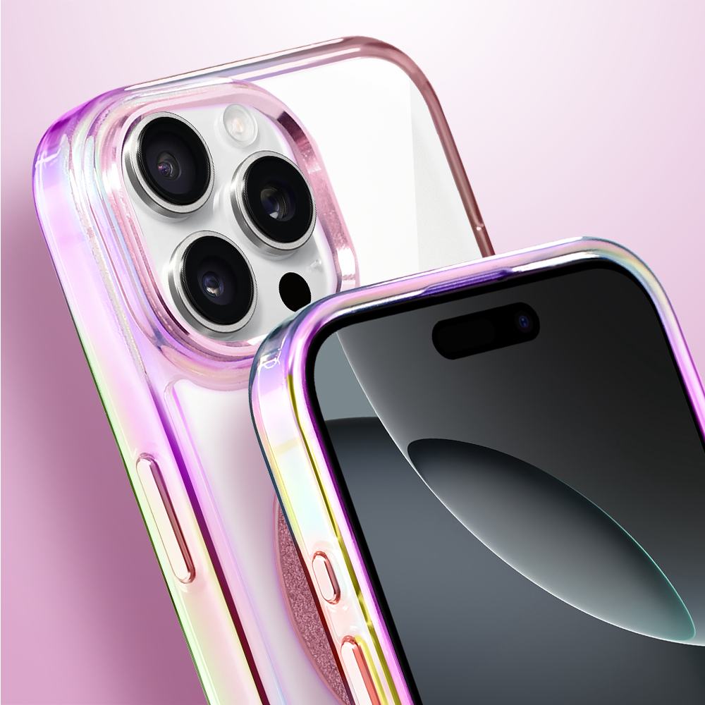 Etui do iPhone 16 Pro Glitter Crown, opalizujące, przeźroczyste z brokatowym MagSafe, różowe