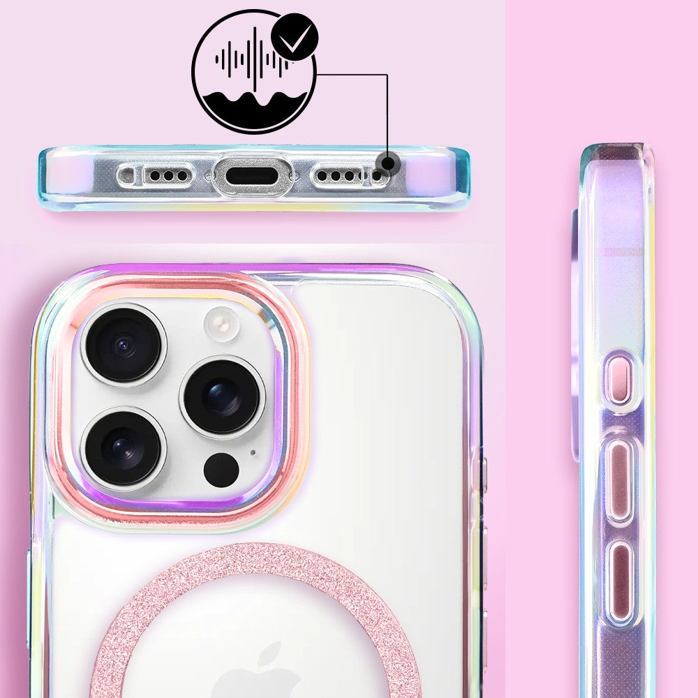Etui do iPhone 16 Pro Glitter Crown, opalizujące, przeźroczyste z brokatowym MagSafe, różowe
