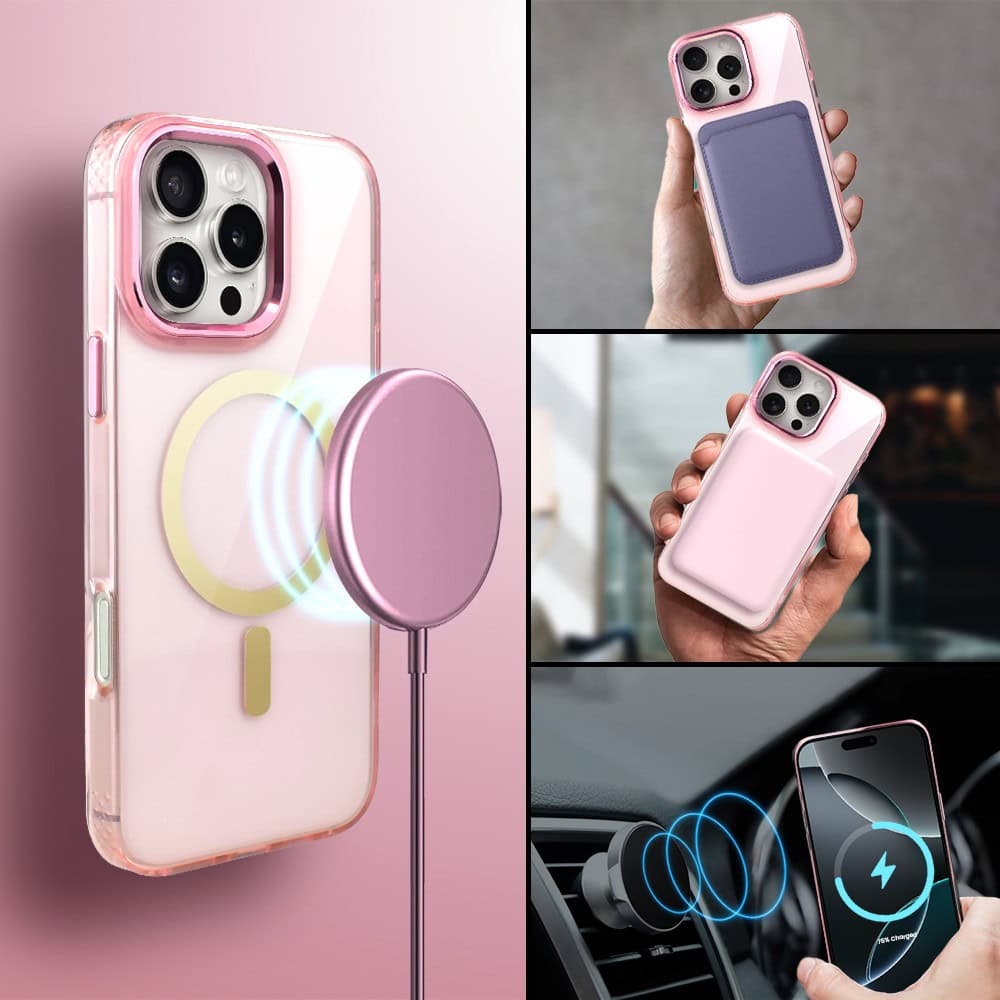 Etui do iPhone 16 Pro Golden Elite, cienkie, ze złotym MagSafe, różowe