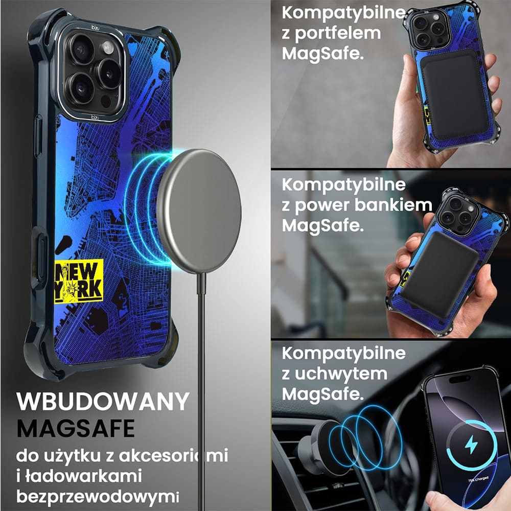 Etui do iPhone 16 Pro, Ibizu DropGuard Ultra z MagSafe, Mapy Świata, New York