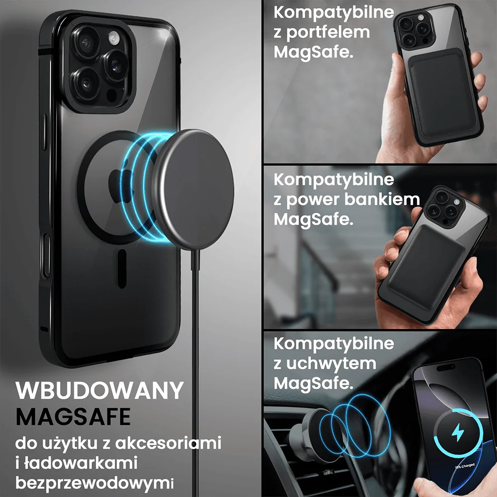 Etui do iPhone 16 Pro Ibizu Elite Skin z MagSafe, krystalicznie czyste z metalową ramką, czarne