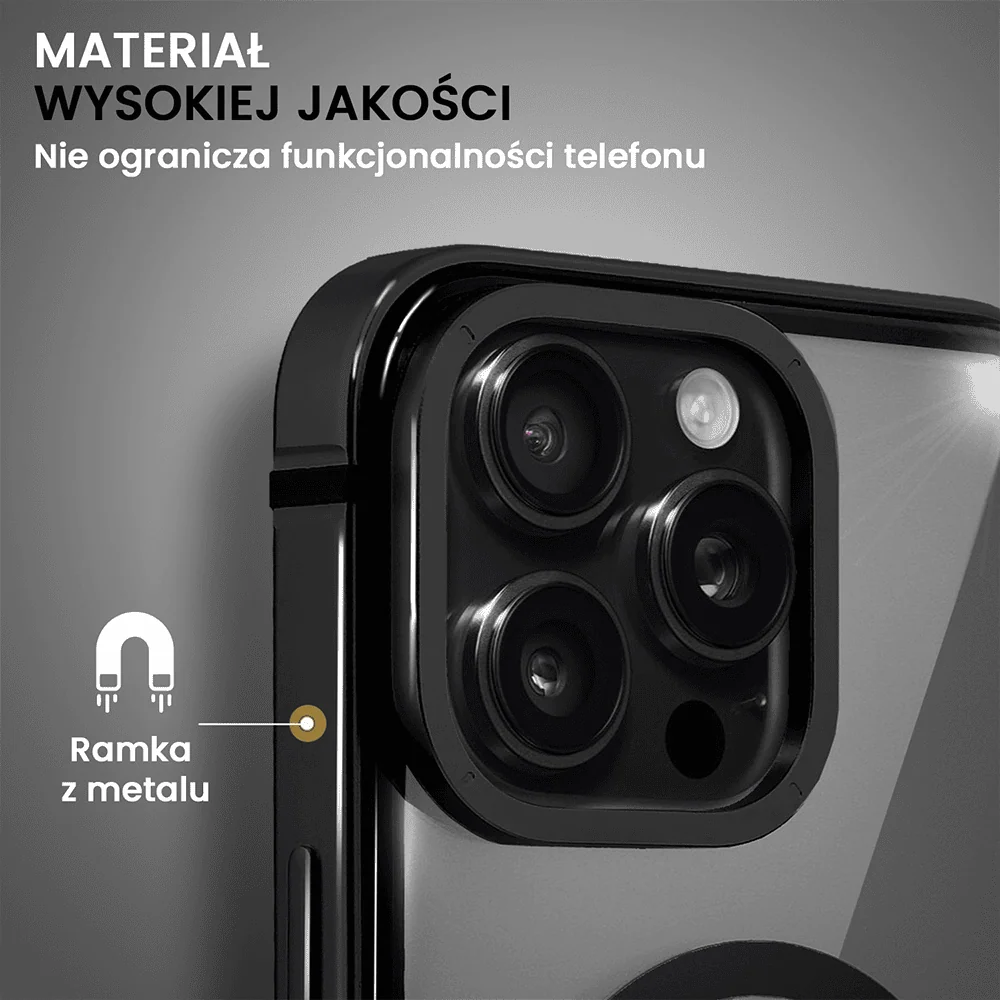 Etui do iPhone 16 Pro Ibizu Elite Skin z MagSafe, krystalicznie czyste z metalową ramką, czarne