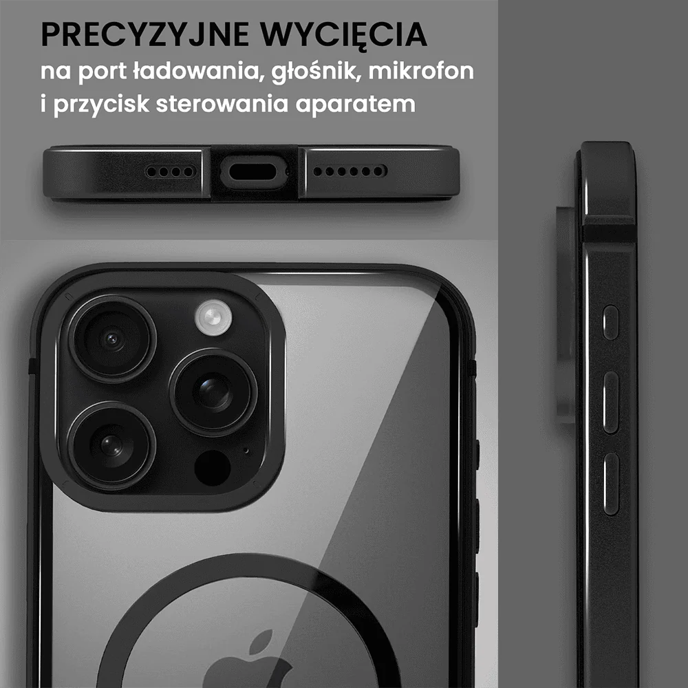 Etui do iPhone 16 Pro Ibizu Elite Skin z MagSafe, krystalicznie czyste z metalową ramką, czarne