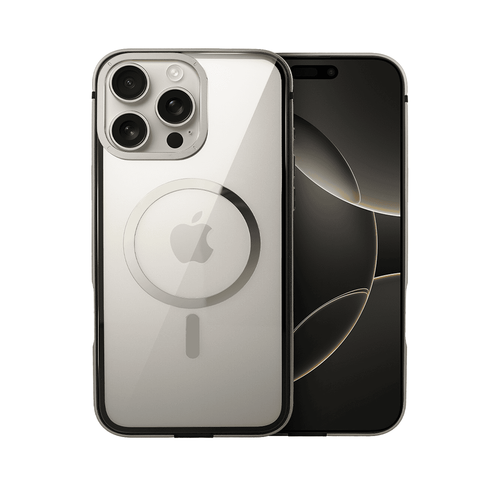 Etui do iPhone 16 Pro Ibizu Elite Skin z MagSafe, krystalicznie czyste z metalową ramką, tytanowe