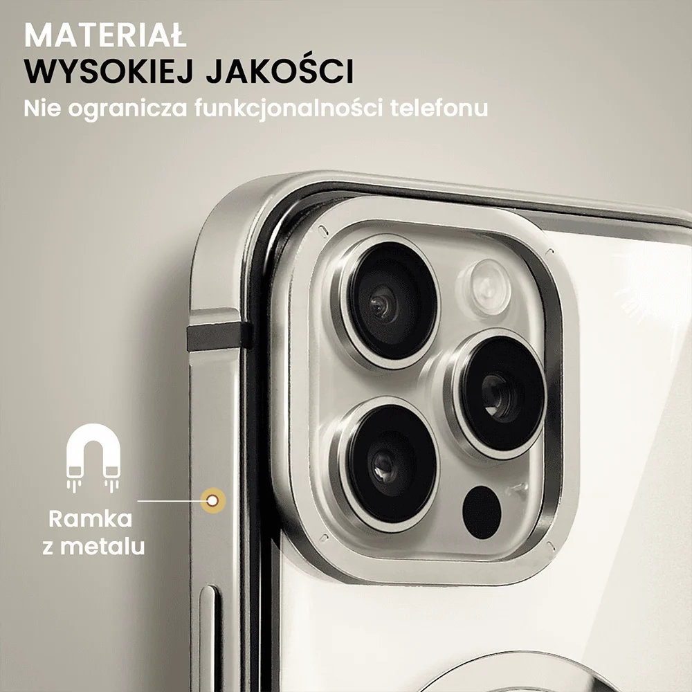 Etui do iPhone 16 Pro Ibizu Elite Skin z MagSafe, krystalicznie czyste z metalową ramką, tytanowe