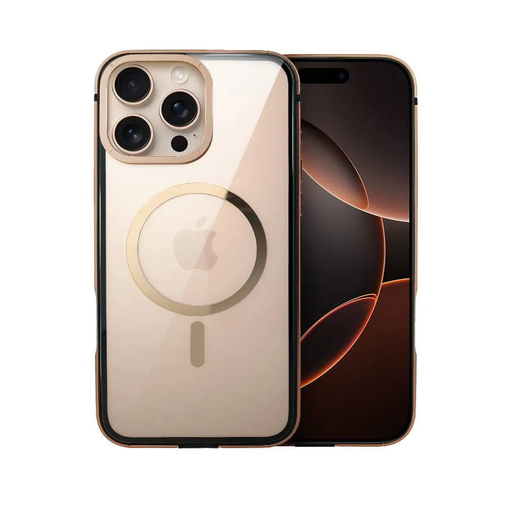 Etui do iPhone 16 Pro Ibizu Elite Skin z MagSafe, krystalicznie czyste z metalową ramką, tytan pustynny