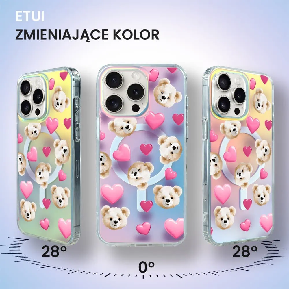 Etui do iPhone 16 Pro Max MagSafe Bear With Me, Love Mood, miś i serduszka, zmieniające kolor